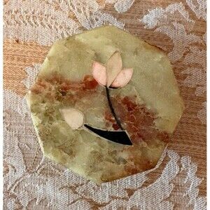 Vintage Carved Soapstone Trinket Box with Mother of Pearl Floral Inlay Octagon